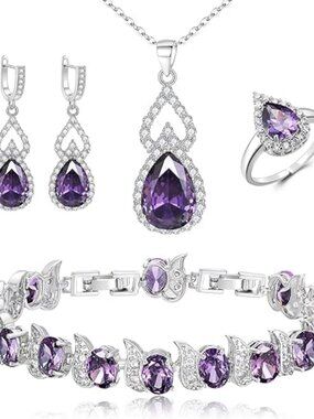 Bridal CZ Jewelry Set Teardrop Necklace Earrings Bracelet Ring Wedding Gift